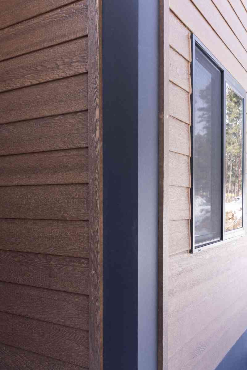 A detailed view of the exterior metal corner trim.